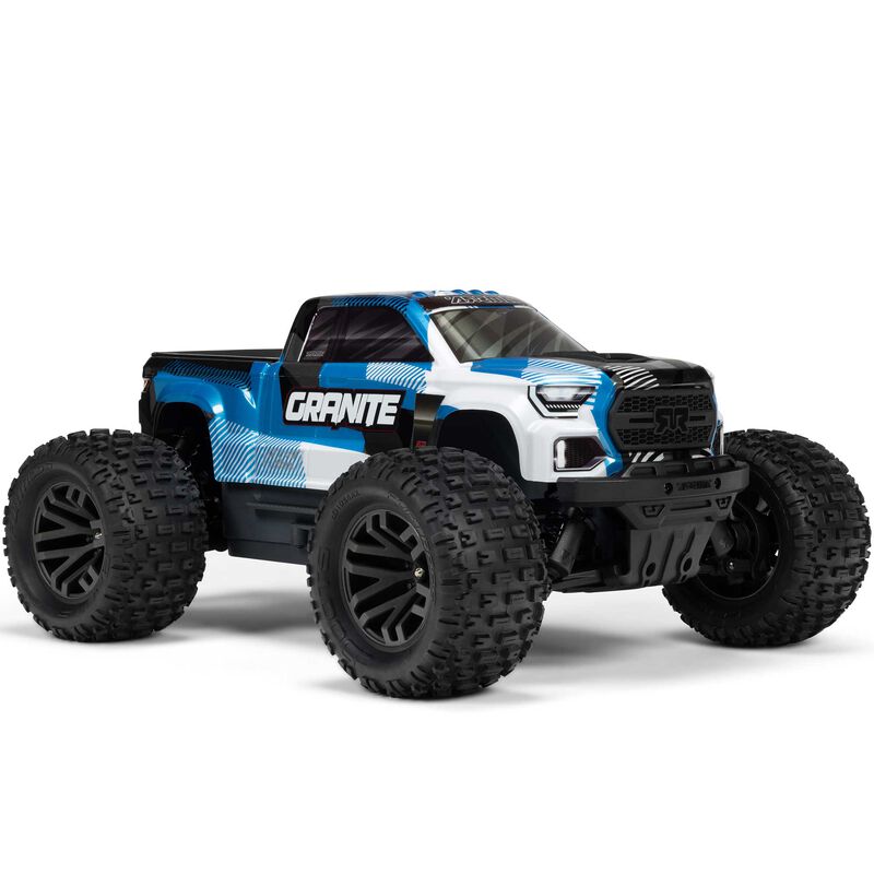 ARRMA 1/10 scale Granite 223S DSC 4x4 RTR brushless monster truck with rugged tires and vibrant blue and black body.