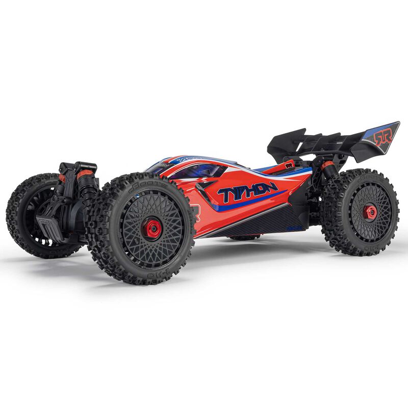 ARRMA 1/8 Typhon 223S DSC 4x4 RTR brushless buggy with detailed chassis and tires, ready for off-road racing.