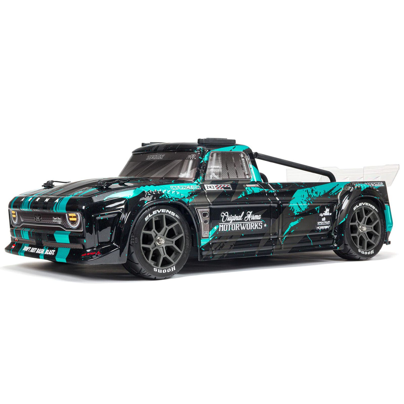 ARRMA 1/8 Infraction 3S 4X4 RC car with sleek design and detailed body, shown in a dynamic action pose.