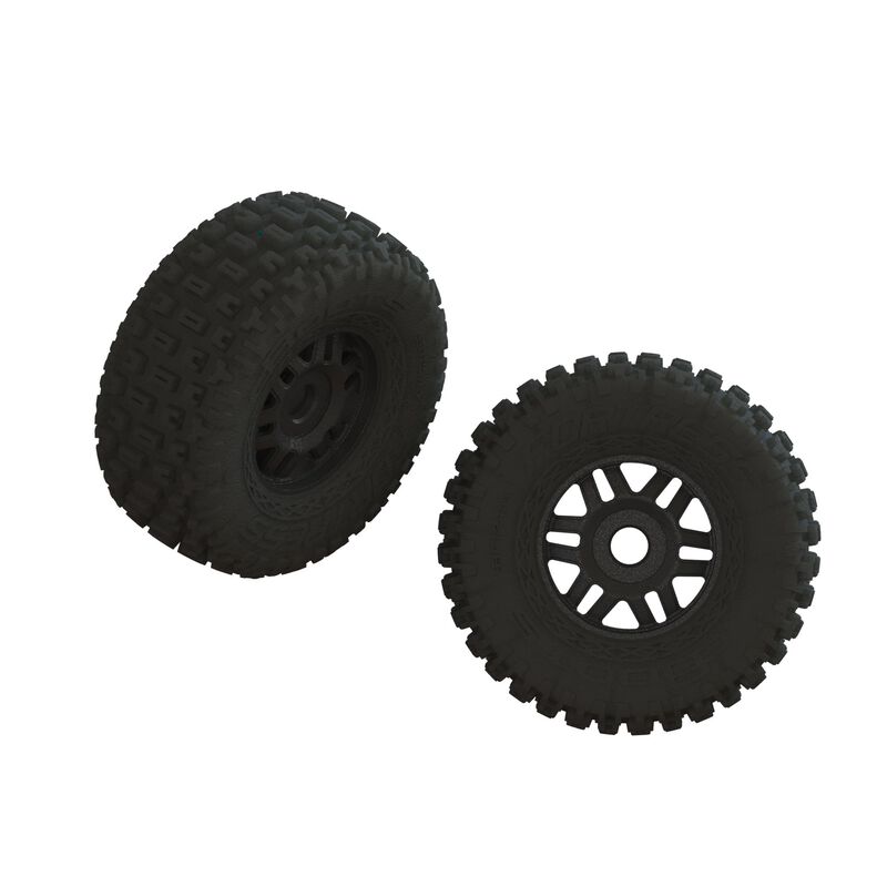 Pair of ARRMA dBoots Fortress LP tires in black, glued for off-road RC vehicles, shown mounted on wheels.