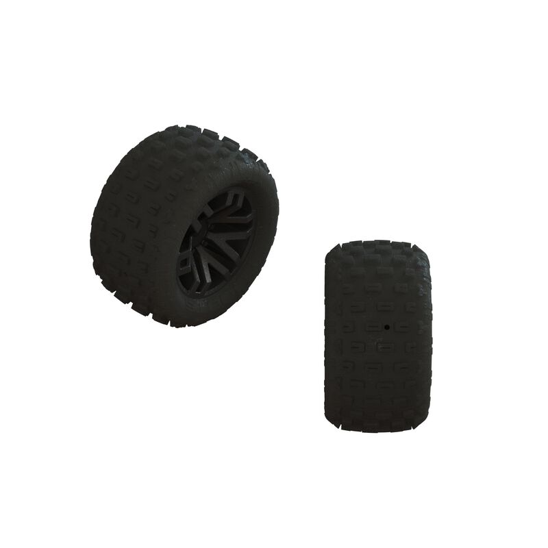 Set of two black ARRMA dBoots Fortress tires with glued rubber treads, designed for off-road RC vehicles.