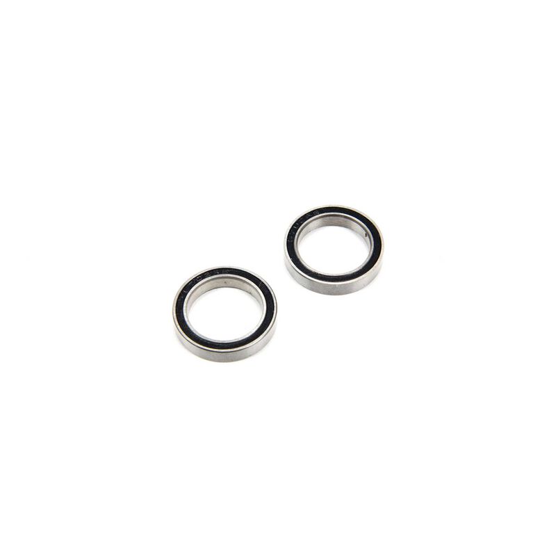 Pair of ARRMA ball bearings, 15x21x4mm size, with metal outer and inner rings, used for RC vehicle maintenance and repairs.