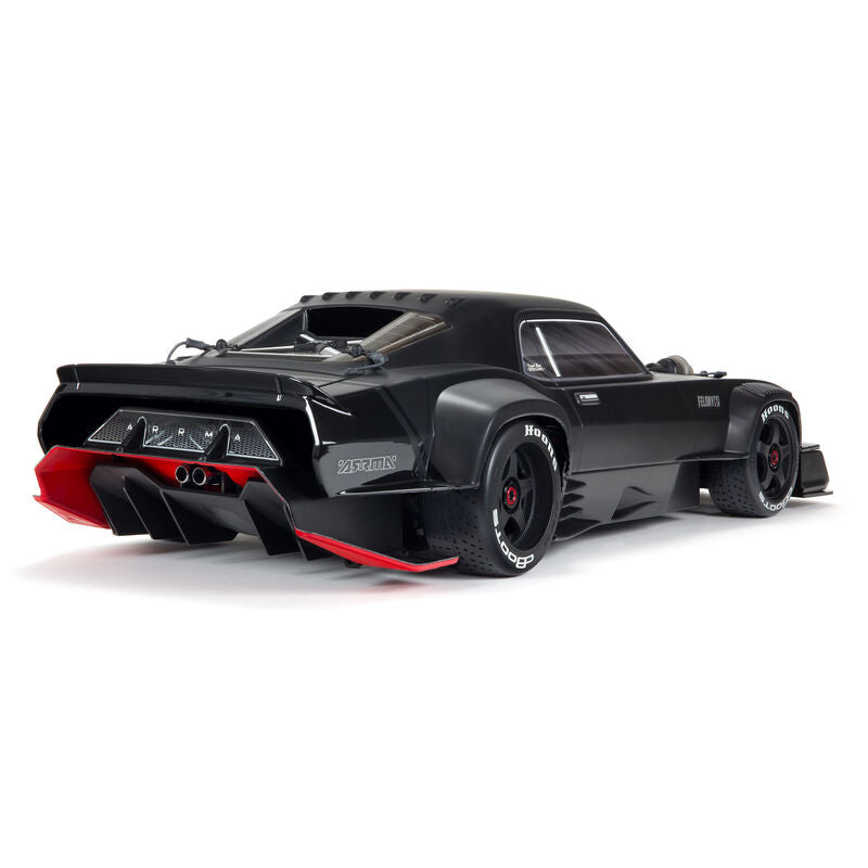 ARRMA 1/7 Felony 6S AVC 4x4 RTR brushless all-road street bash vehicle in black and red with large tires and detailed body.