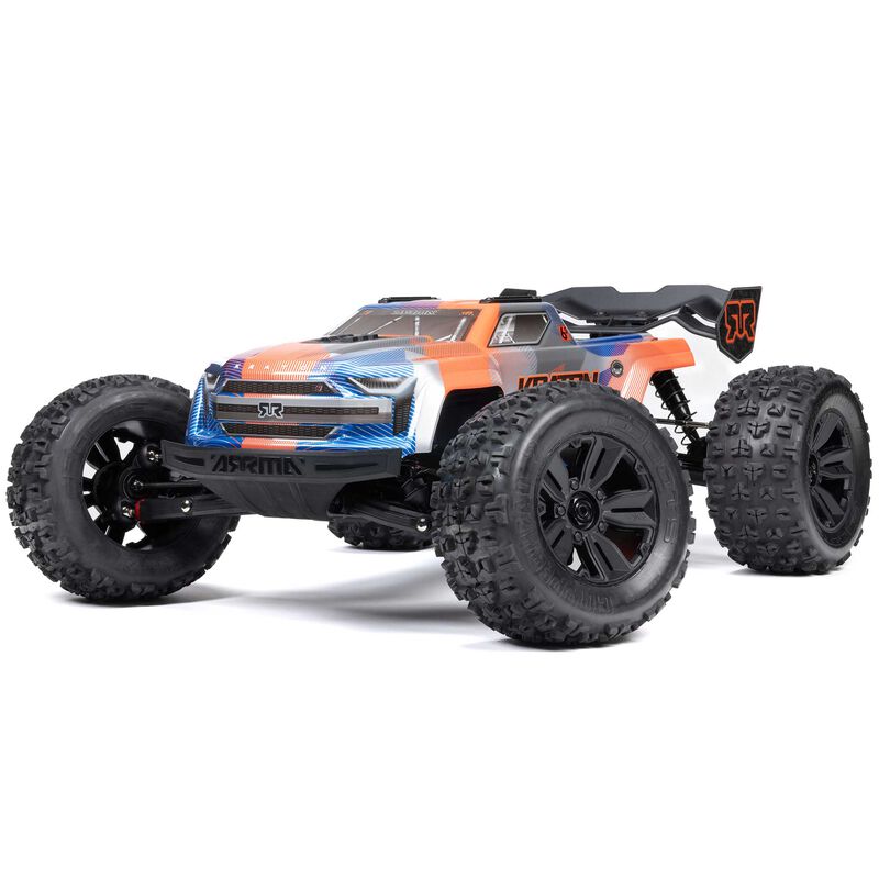 ARRMA 1/8 Kraton 6S BLX V6 4X4 remote control monster truck on rugged terrain, showcasing its powerful design and off-road tires.