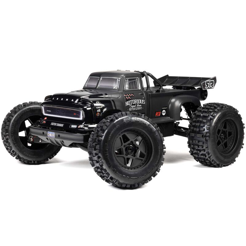 ARRMA 1/8 Notorious 4X4 6s BLX V6 stunt truck, RTR, with rugged design and large off-road tires suitable for stunts and racing.