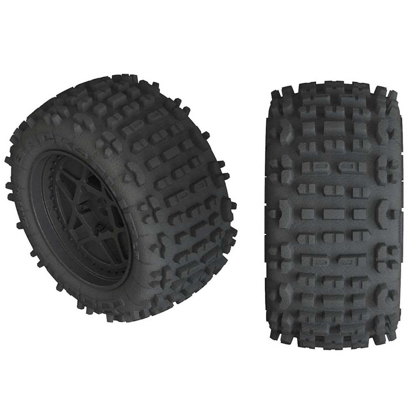 Pair of ARRMA Backflip LP 4S 3.8-inch black glued tires for remote control cars, showing tread detail and sidewall branding.