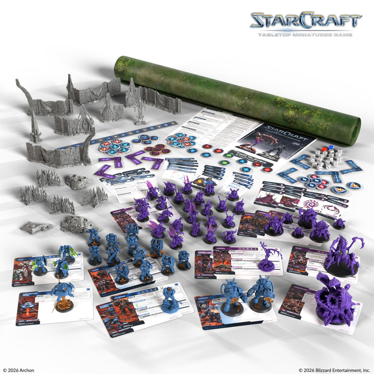 Starcraft Miniatures Game Founders Edition 2-player starter kit with detailed miniatures and game components from Archon Studio.