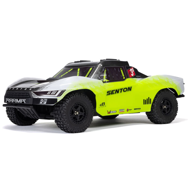 ARRMA 1/10 Senton 4X4 223S BLX RTR short course truck with black and red body, large off-road tires, and detailed exterior design