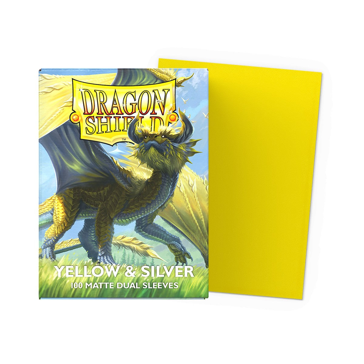 Dragon Shield yellow and silver dual matte standard card sleeves, featuring vibrant colors and smooth matte finish for card protection.
