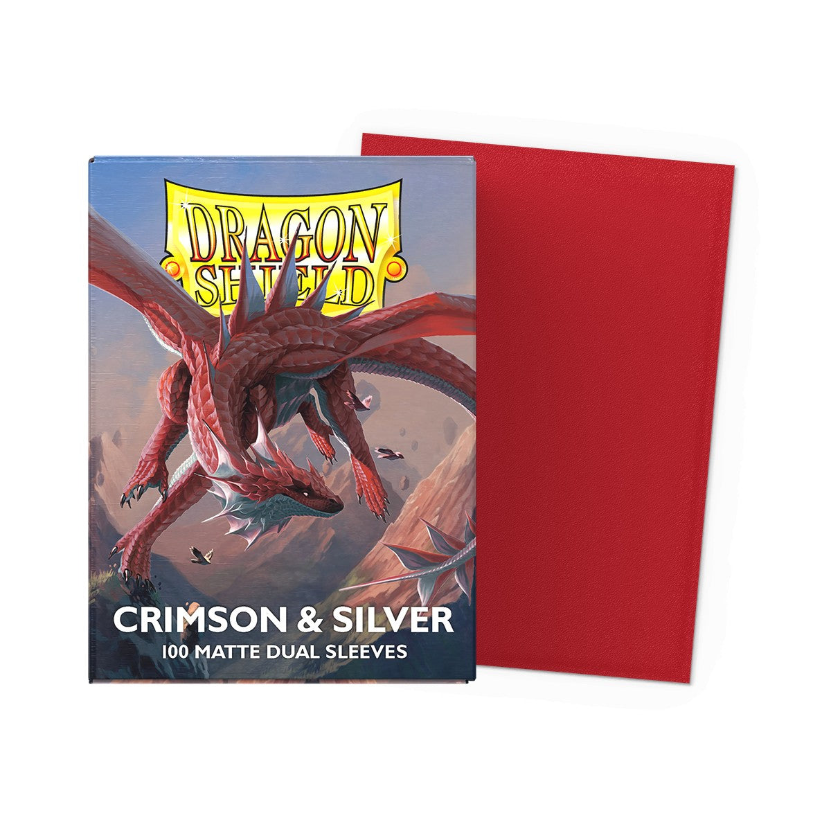 Dragon Shield Crimson and Silver dual matte standard card sleeves, showing vibrant colors and smooth matte finish for card protection.