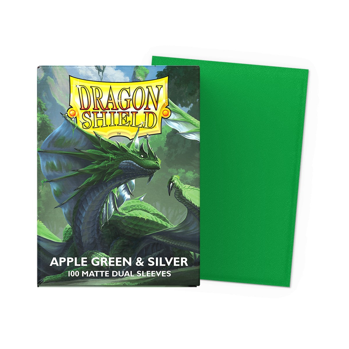 Apple green and silver Dragon Shield dual matte card sleeves, standard size, with protective matte finish and reinforced edges.