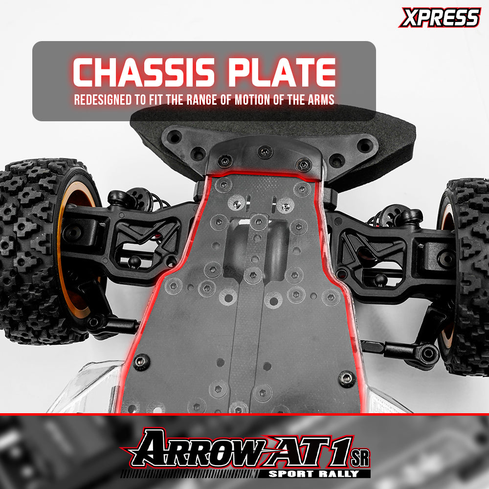 Xpress Arrow AT1SR 1/10 scale 4WD shaft drive sport rally car chassis with detailed suspension and drivetrain components.