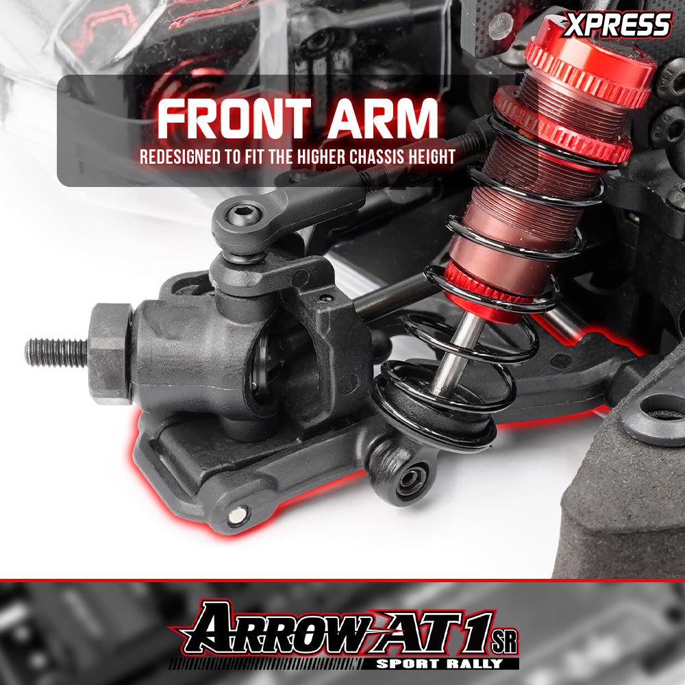 Xpress Arrow AT1SR 1/10 4WD rally car front suspension arm with detailed components and steering linkage visible.