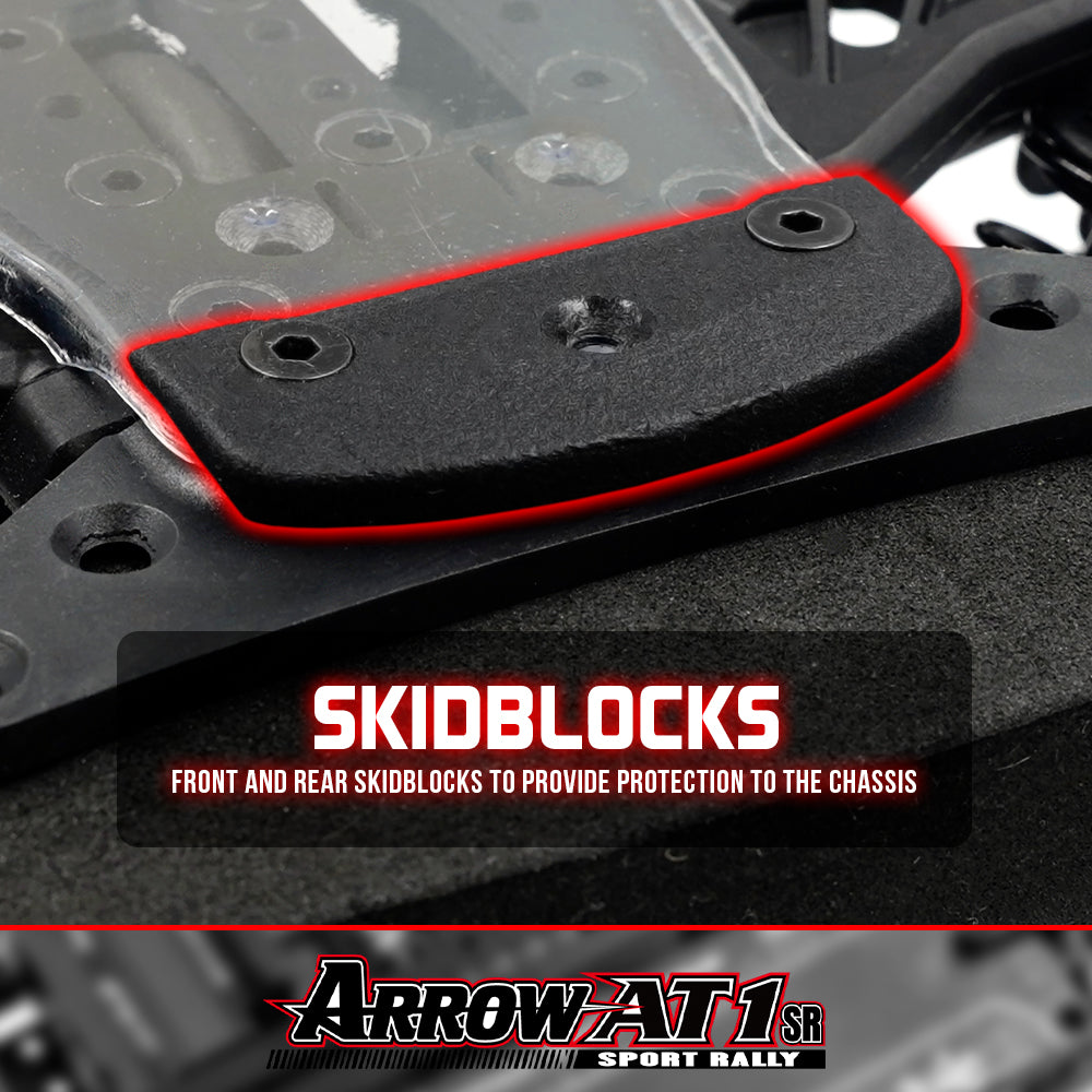 Xpress Arrow AT1SR 1/10 4WD sport rally car with skid plate and detailed chassis view