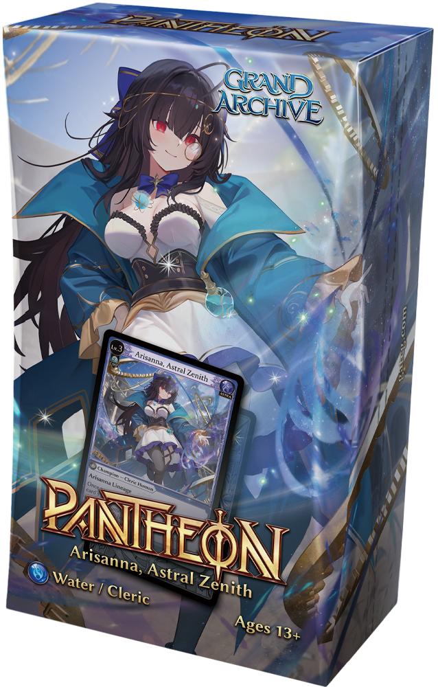 Arisanna Astral Zenith Pantheon deck from Grand Archive TCG: Radiant Origins by Weebs of the Shore, featuring colorful fantasy card artwork.