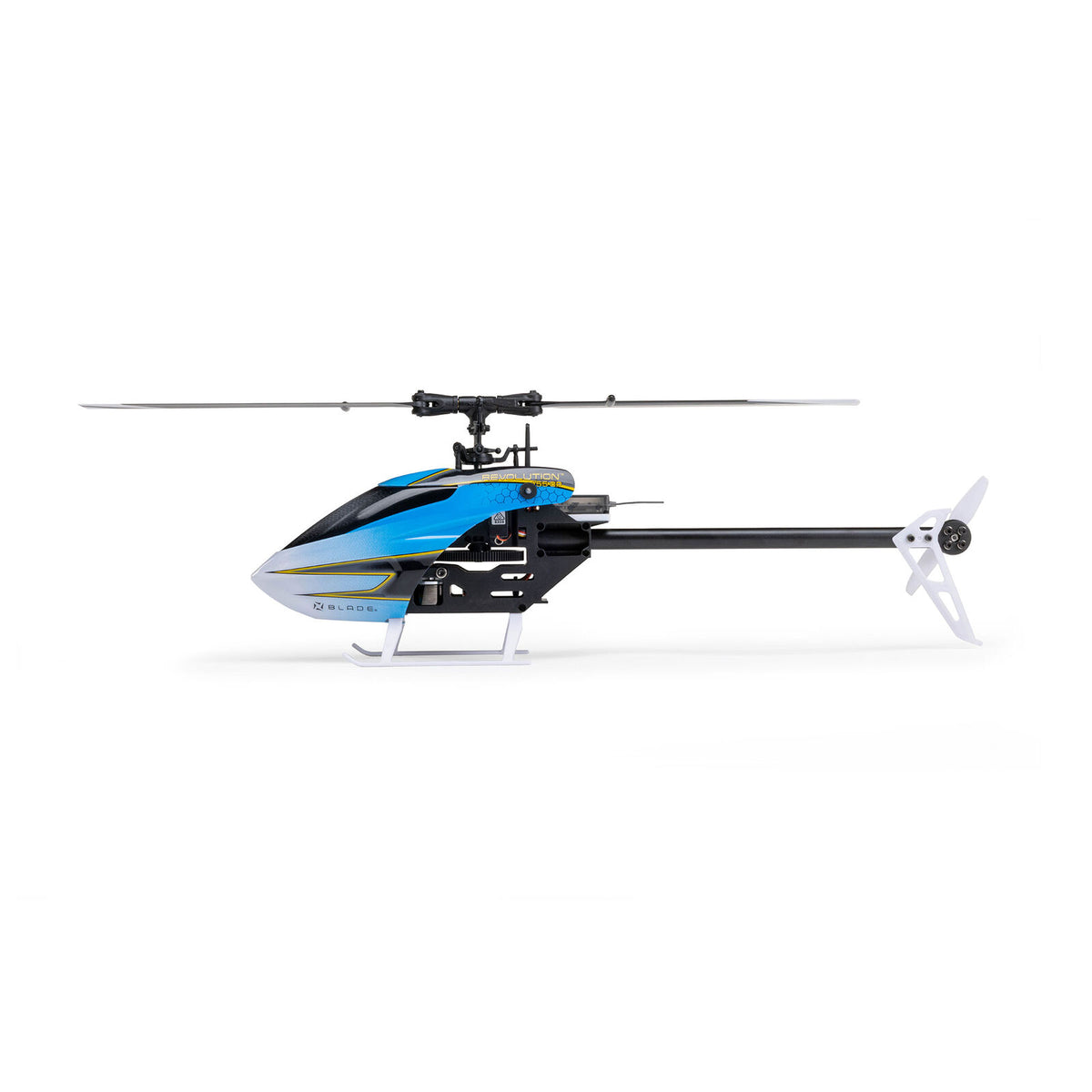 Blade Revolution 155 CP RTF with SAFE drone in flight, showcasing its sleek design and propellers.