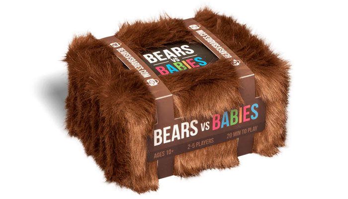 Illustration of Bears vs Babies game box featuring colorful bears and babies, with shadows and vibrant artwork by Exploding Kittens.