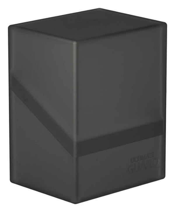 Black Ultimate Guard Boulder 80+ deck case for card storage, featuring a sturdy design and secure closure for trading card protection.
