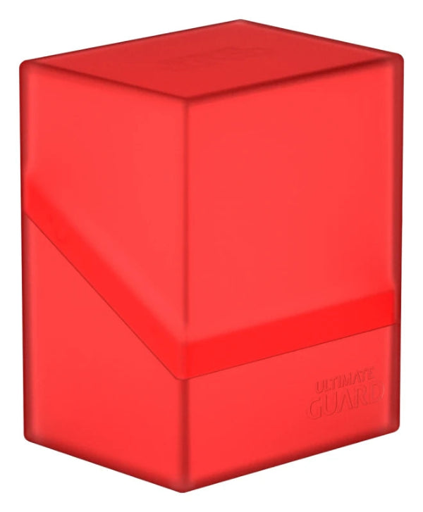 Red Ultimate Guard Boulder 80+ deck case holding trading cards, durable plastic exterior with secure clasp.
