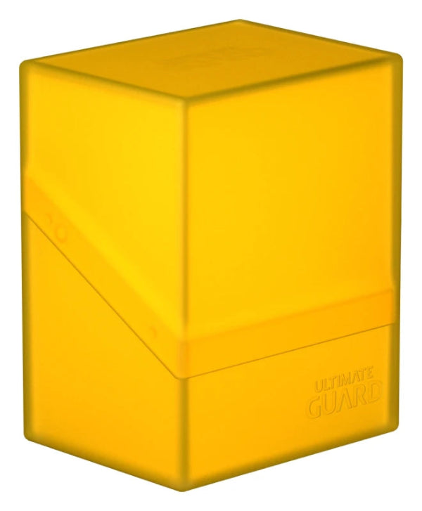 Yellow Ultimate Guard Boulder 80+ deck case for card storage, featuring a sturdy, compact design for trading card protection.