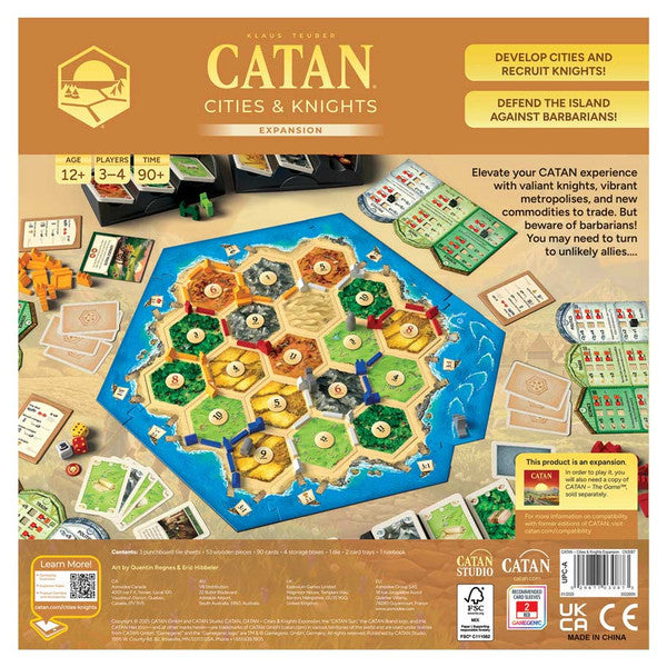 Back view of Catan: Cities & Knights Expansion 6th Edition by Catan Studio, showing game box artwork and detailed design.