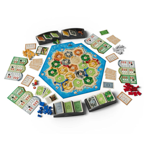 Catan: Cities & Knights Expansion 6th Edition game components, including cards, tokens, and game board pieces by Catan Studio.