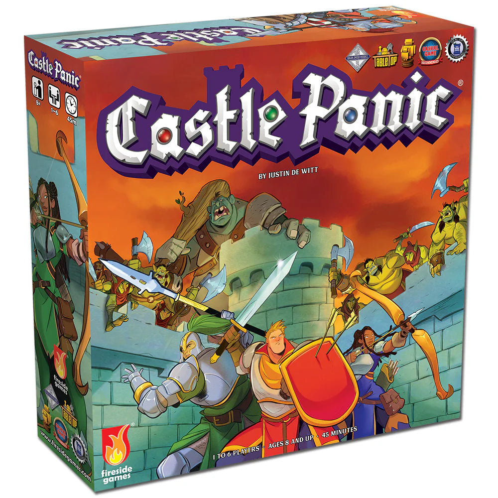Castle Panic board game by Fireside Games featuring a colorful 3D box design with castle and game components on the cover.