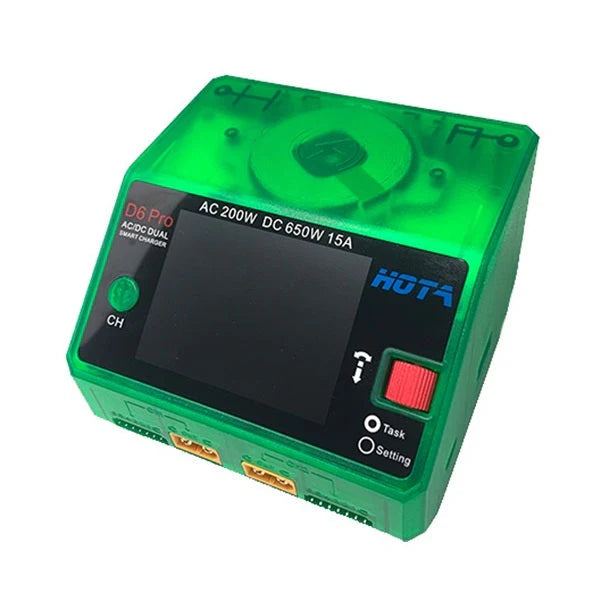 HOTA D6 Pro RC car Lipo charger with AC200W and DC650W power, 15A charging capacity, for efficient RC battery charging.