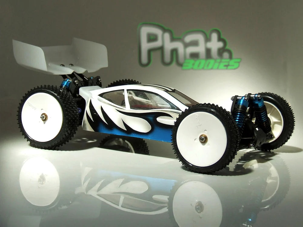 RC car body by Phat Bodies with a bolt design, designed for 190mm wheelbase buggy, shown on a black background.