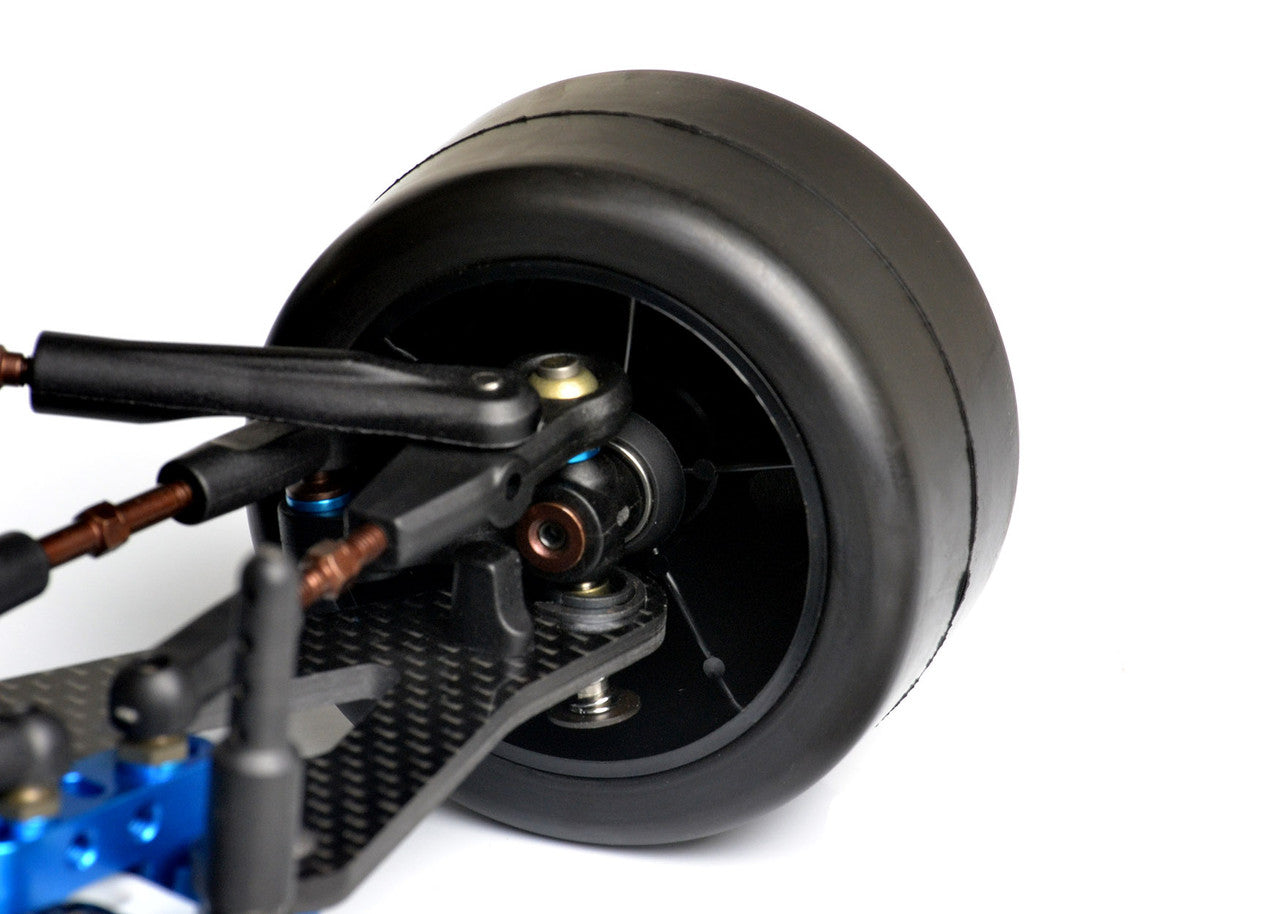 Pair of Exotek Racing F1 1/10 front disk wheels for RC car tires, shown in black with detailed rim design.