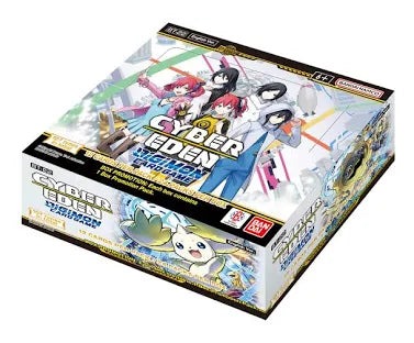 Bandai Digimon TCG Cyber Eden Booster Box featuring colorful packaging and digital monster artwork for the Digimon Card Game.