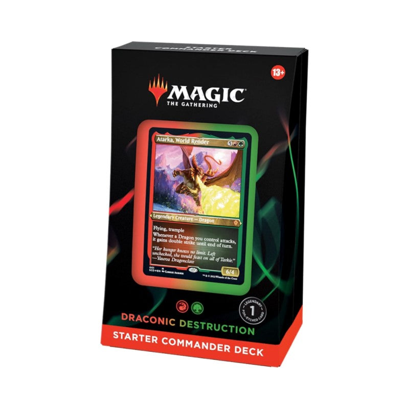 Draconic Destruction Starter Commander Deck by Wizards of the Coast featuring dragon-themed cards for Magic: The Gathering.