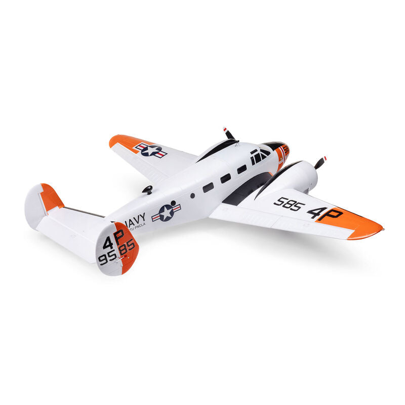 E-Flite Beechcraft D18/RC-45J 1.5m RC airplane with AS3X+ and SAFE stabilization system, shown on a plain background.