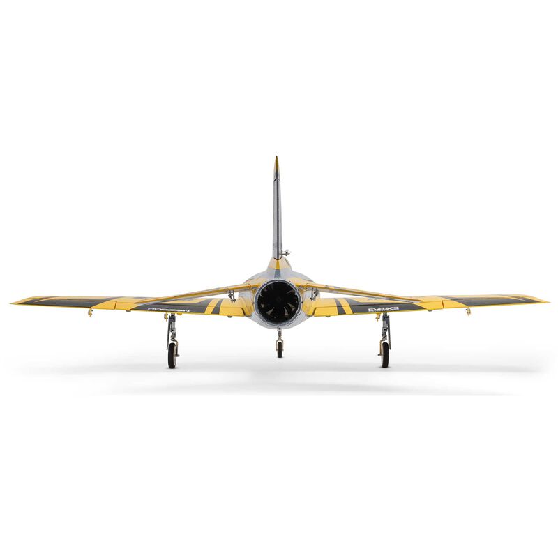 E-Flite Habu XS 80mm EDF jet model with detailed blue and white fuselage, ready for remote control flying.