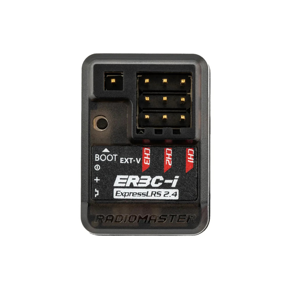 RadioMaster ER3C-i ELRS receiver with compact design, showing circuit board and antenna for reliable wireless connection.