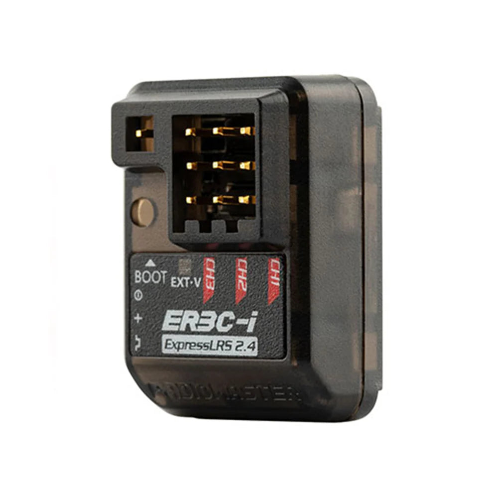 RadioMaster ER3C-i ELRS receiver with compact design and antenna, shown in close-up on a clean background.