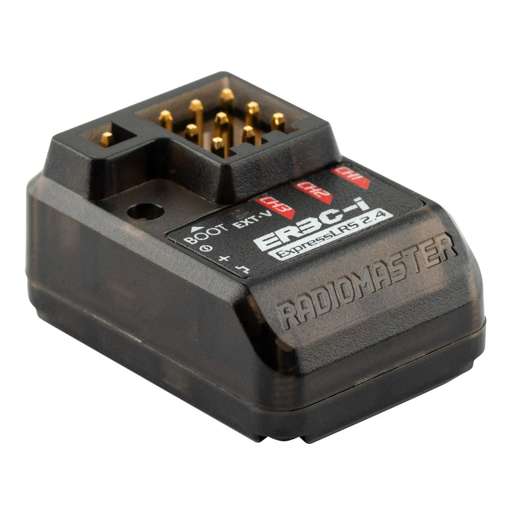 RadioMaster ER3C-i ELRS receiver with compact design, shown in a close-up image highlighting its ports and connection points.