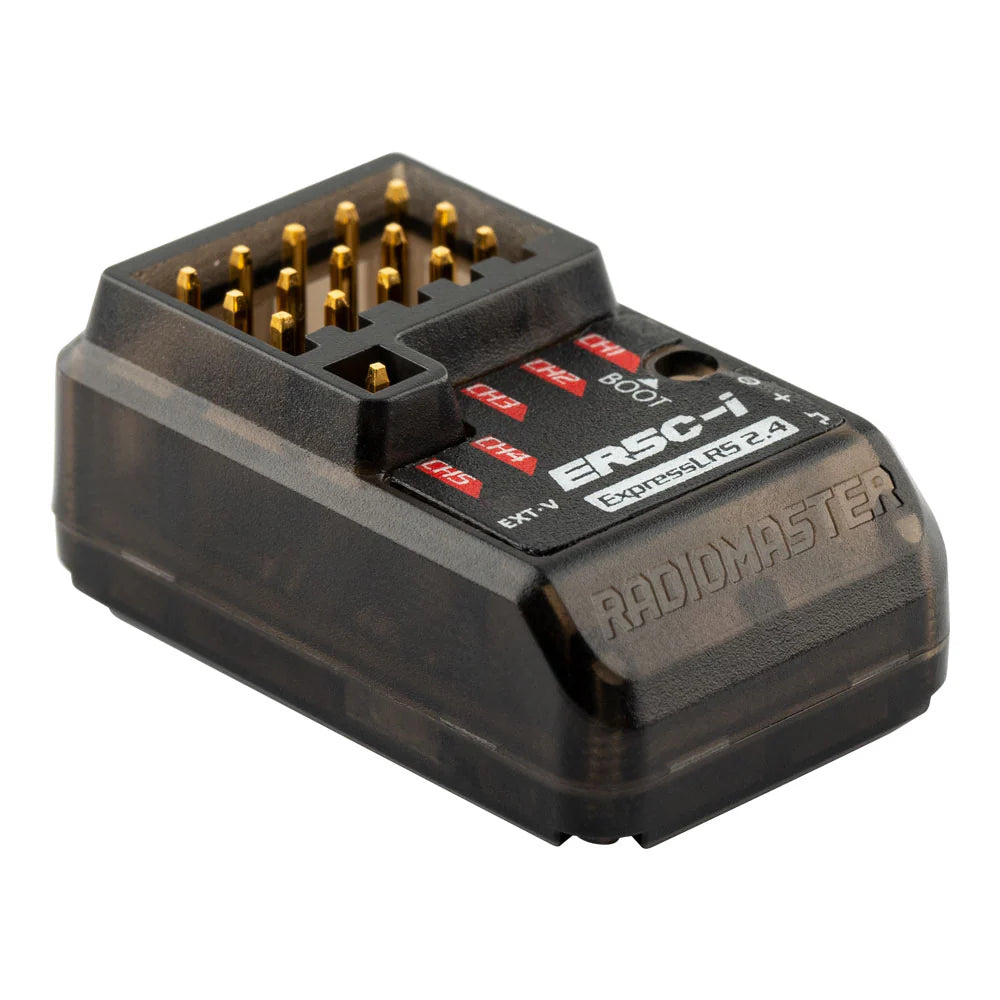 RadioMaster ER5C-i ELRS receiver with compact design and antenna, used for drone or RC model communication.