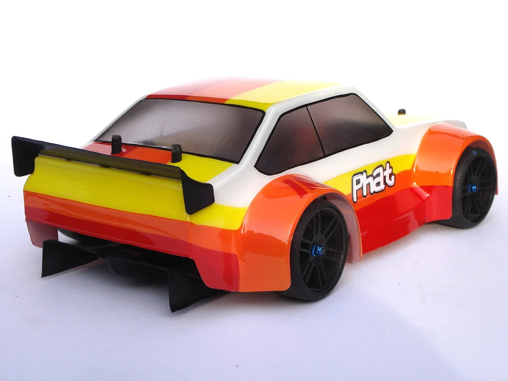RC car body for MK2 Escort with 14-inch wheelbase by Phat Bodies, shown in black with detailed racing livery.