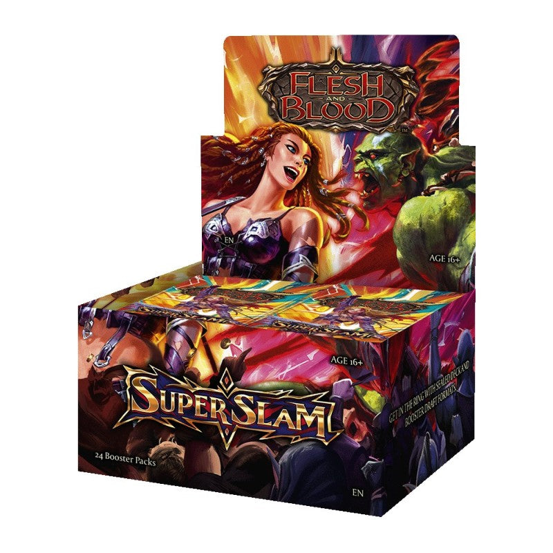 Flesh and Blood Super Slam Booster Box of collectible trading cards by Legends Story Studios, featuring colorful card artwork.