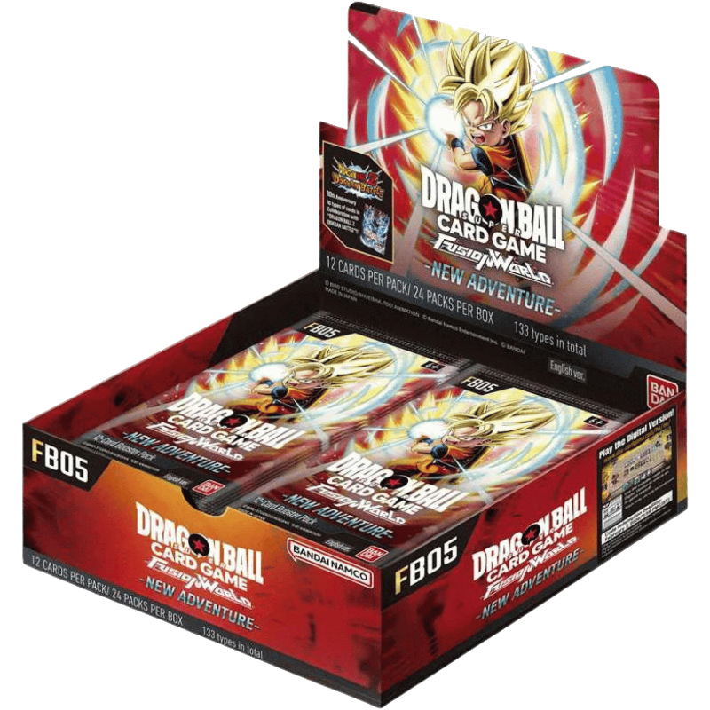 Bandai Dragon Ball Fusion World: New Adventure Booster Box (FB05) with colorful trading card packaging and artwork.