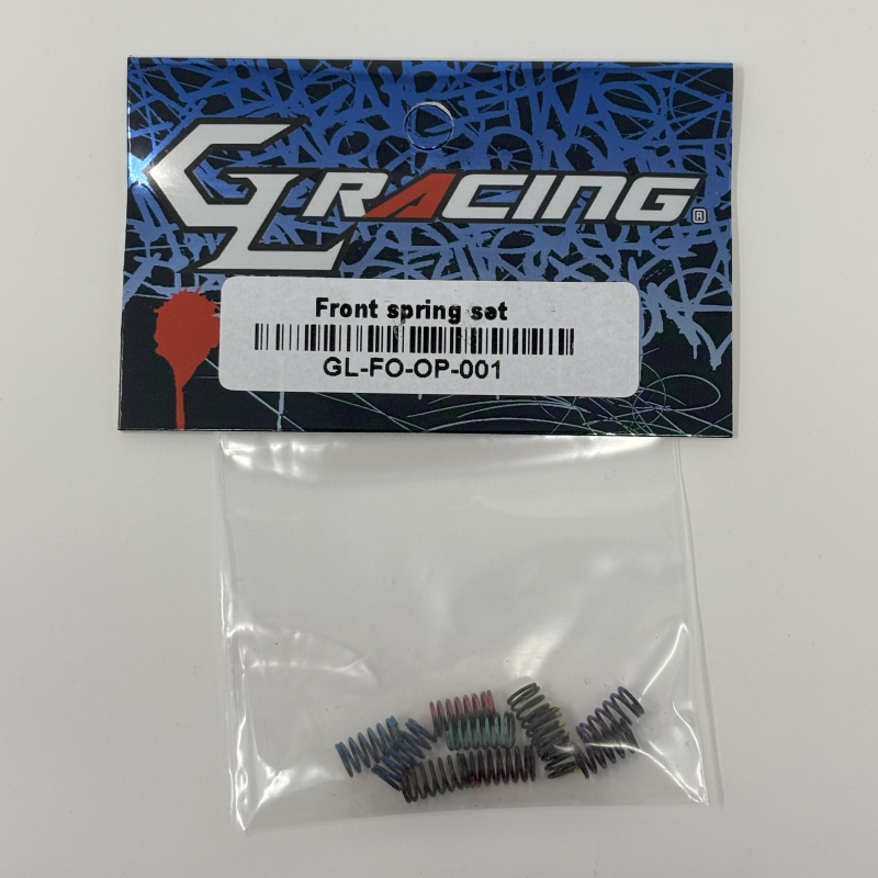 GL Racing Formula One front spring set showing four coil springs with metal mounts, designed for high-performance racing vehicles.