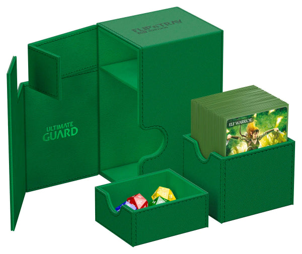 Green Ultimate Guard Flip'n'Tray 100+ Xenoskin card storage and organizer for trading cards with durable Xenoskin material.