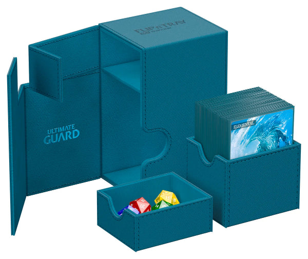 Ultimate Guard Flip'n'Tray 100+ Xenoskin card storage tray in petrol color, designed for organizing trading cards securely.