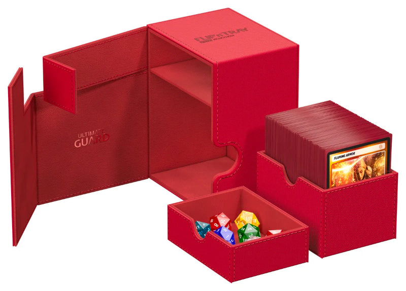 Red Ultimate Guard Flip'n'Tray 133+ Xenoskin card storage and sorting tray with a textured surface and secure latch.
