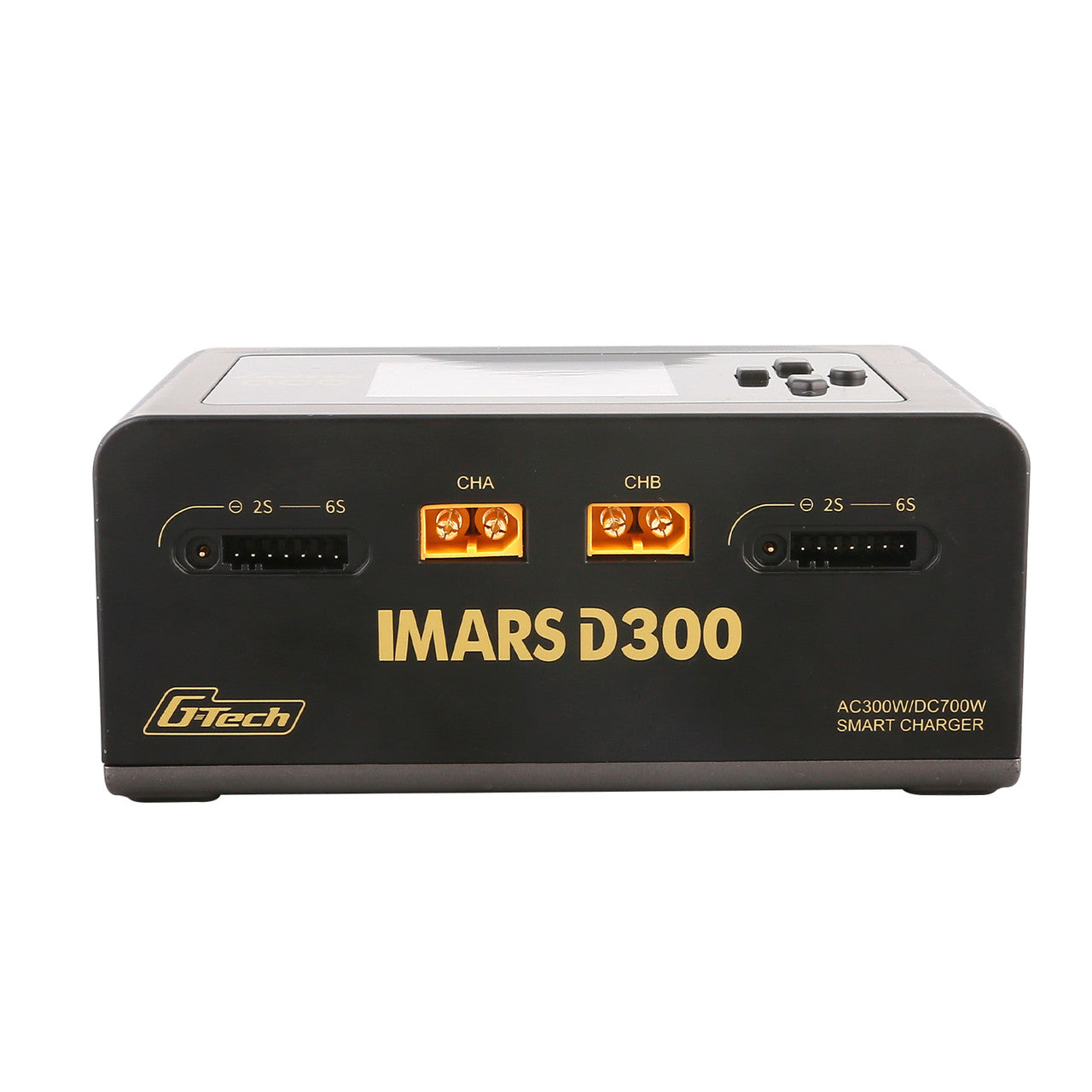 Gens Ace iMARS D300 G-Tech 2-channel RC car charger with AC and DC power options, shown in a close-up image.