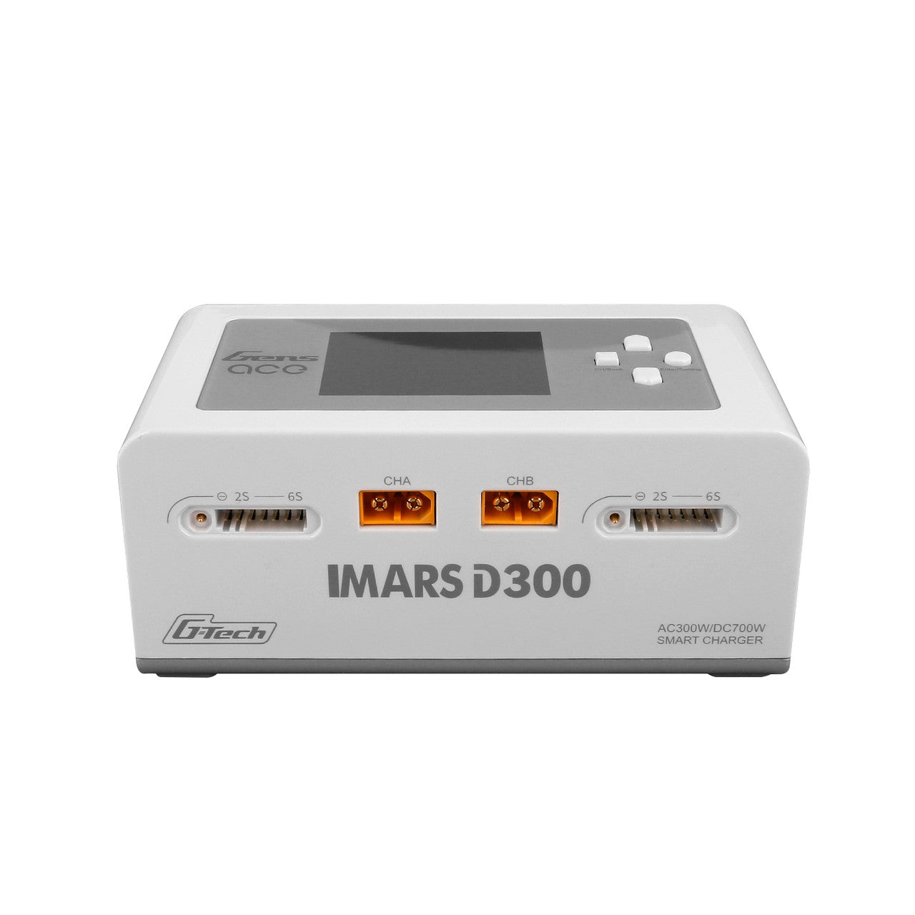Gens Ace iMARS D300 G-Tech 2-channel RC car charger with AC and DC power options, featuring digital display and multiple charging ports.