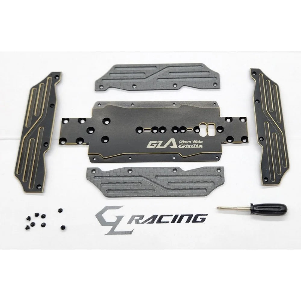 Close-up of GL Racing Giulia Hybrid 98mm chassis set with detailed carbon fiber construction and precision engineering.