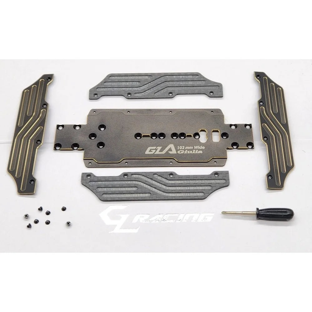 GL Racing Giulia Hybrid chassis set 102mm, lightweight RC car frame with detailed components and sleek design for high performance.