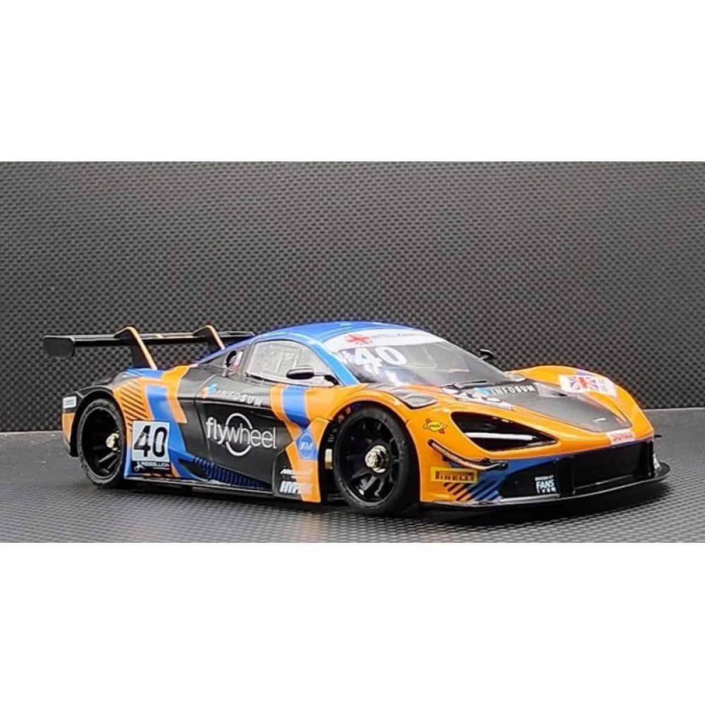 GL Racing 1/28 McLaren 720S GT3 body flywheel, 102mm scale model showing detailed aerodynamic design and vibrant color scheme.